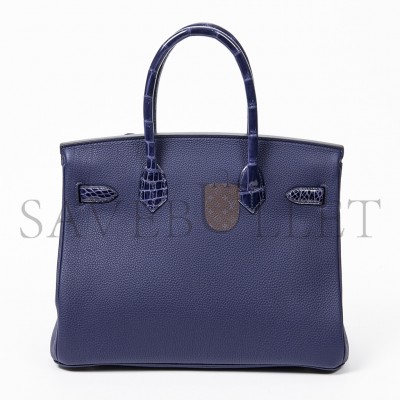 HERMÈS MASTER BIRKIN 25 CROCODILE AND TOGO LEATHER STORM BLUE SILVER BUCKLE H076216CK23 (25*20*13cm)
